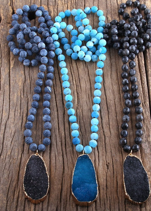 Boho Necklace, RH Precious Stone, Blue with Druzy